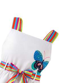 Girls Elegant Butterfly Print White Camisole Dress With Rainbow Striped Waist Belt, Fashion Summer Vacation Wear - White - View 3