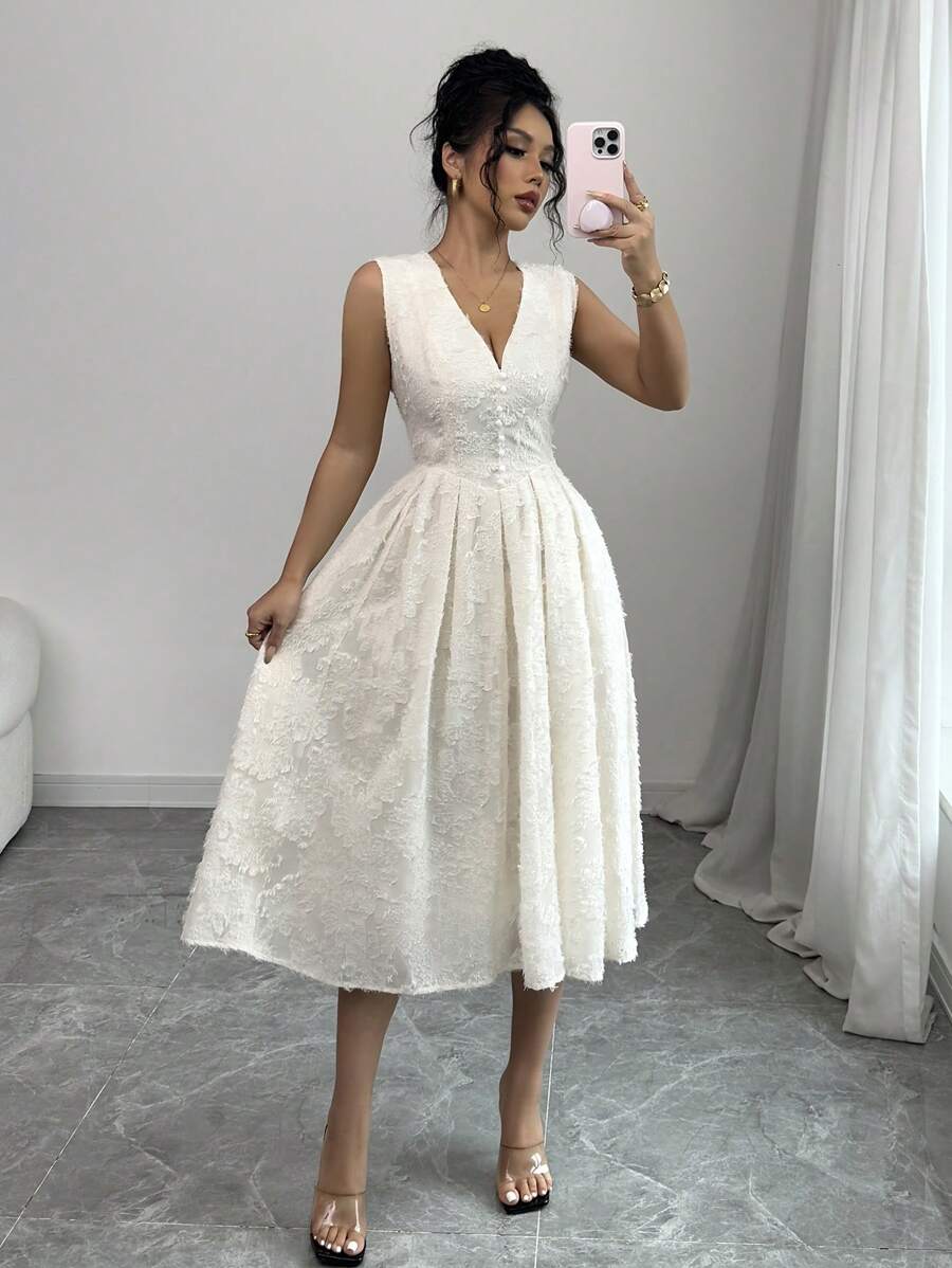 Rafferiza Sleeveless Cinched Waist Button Down Cutout Hem Skater Dress