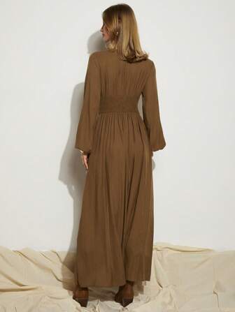 COSMINA Vestido largo de manga larga con abertura alta, elegante y para vacaciones, color marrón, primavera/verano para mujer