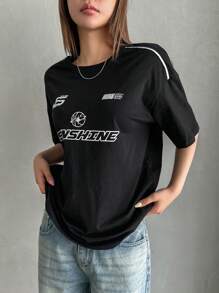 DAZY Letter Graphic Drop Shoulder Tee Jersey - Black - View 5