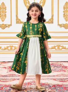 DRMZ Young Girl Chiffon Floral Splice Round Neck Snug Fit Dress - Green - View 4