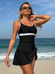 SHEIN Swim SPRTY Bikini de dos piezas de mujer con tirantes de amarre y contraste de color - Negro - Ver 5