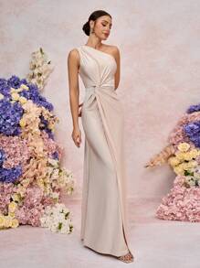 SHEIN Belle 女士浪漫优雅绿色针织面料扭纹宽松 A 字型伴娘礼服