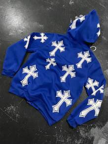 Manfinity EMRG Men's Ins Young Street Solid Color Street Print Pattern Loose Long Sleeve Hoodie, Suitable For Music Festivals And Daily Wear. It Is An Ideal Gift For Your Boyfriend Or Husband, Perfectly Integrating Streetwear And Y2K Fashion. Men's Street Print Hoodie - Blue - View 3