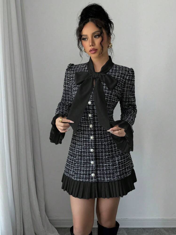 Elenzga فستان قصير بياقة وردة ، تصميم كتل اللون ، تصميم منقوش ، خريف / شتاء - الأسود - مشاهدة 5