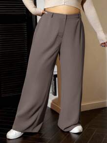 CovetEZ Plus Size Women's Solid Color Pleated Wide Leg Loose Casual Pants - Light Grey - View 4
