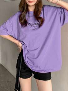 DAZY Tricou de damă cu umeri căzuți, imprimat cu slogan, Thousand MASTERPIECES OF LABORER, vară, tricou supradimensionat, stil preppy