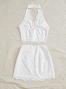 SHEIN Unity Embroidered Halter Top & Low-Waisted Mini Skirt 2 Pieces Set - White - View 2