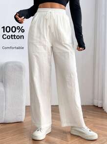 SHEIN PETITE Solid Loose Fit Pants - White - View 1