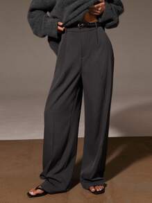 Athîral 女士纯色褶皱阔腿宽松西装裤 - 深灰色 - 查看 5