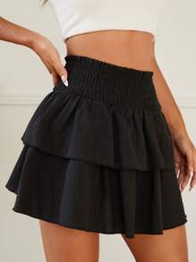 SHEIN PETITE Solid Shirred Frill Trim Layered Skirt - Black - View 8