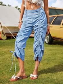 Breezaya Quần jean lửng nữ thiết kế dây rút, kiểu dáng thường ngày, đa năng. - Màu xanh lam - Xem 5
