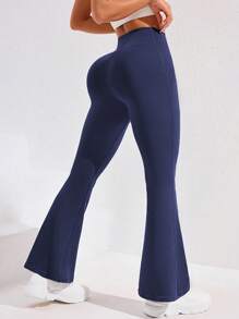 女士纯色高腰喇叭柔软瑜伽裤，适合日常健身 - 藏蓝色 - 查看 2