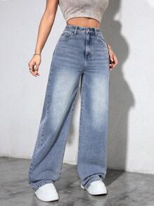 Casual Washed High Waist Straight Leg Jeans - Medium Wash - View 6