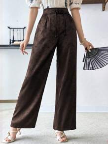 Modelyn Jacquard Drawstring Waist Wide Leg Pants, Hanfu Bottoms - Coffee Brown - View 4