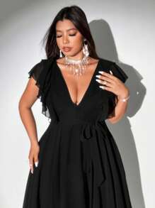 Viva Relle 女士加大码优雅浪漫系带深 V 领荷叶边袖 A 字形雪纺连衣裙 - 黑色 - 查看 4