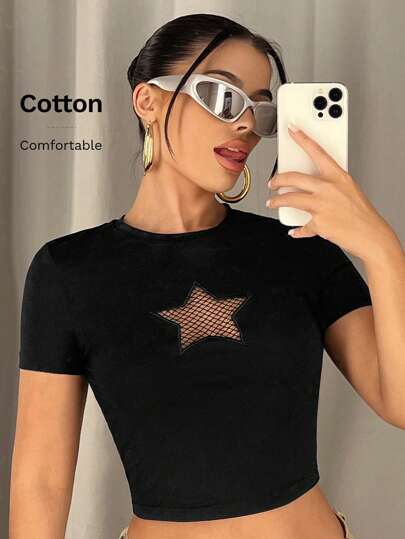 SHEIN ICON Star Pattern Contrast Fishnet Crop Tee