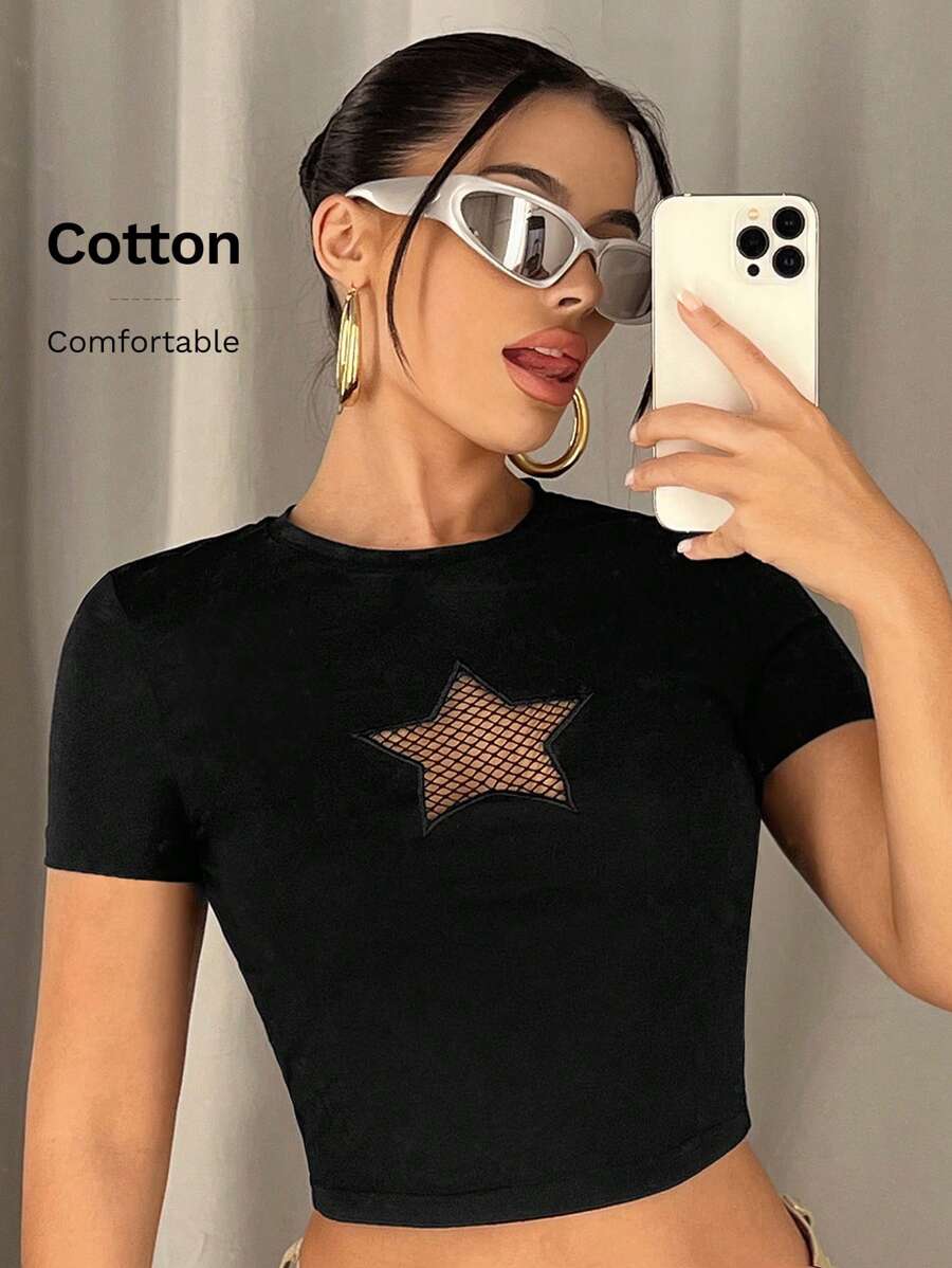SHEIN ICON Star Pattern Contrast Fishnet Crop Tee - Black - View 1