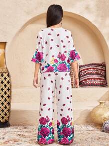 SHEIN Tween Girl Loose Casual Round Neck Ruffle Hem Floral Rose Print Top And Pants 2 Pieces Set, Spring/Summer