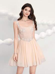 SHEIN Belle Women Sparkling Crystal Mini Cocktail Dress, Elegant Gown, Elegant Semi Formal Dress, Party Dress, Wedding Guest Dress, Prom Dress - Champagne - View 7