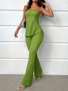 SHEIN SXY 女士纯色简约抹胸上衣和高开衩长裤两件套，休闲日常穿着 - 綠色 - 查看 5