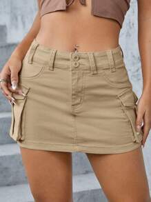 SHEIN ICON 女士休闲低腰超短工装口袋牛仔半身裙 - 卡其色 - 查看 3