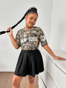 Ensemble 2 pièces pour préadolescentes : T-shirt oversize à imprimé camouflage et lettres + jupe mini plissée noire, retour à l'école, style Y2K, streetwear, chic et doux, style campus américain - Multicolore - Voir 5
