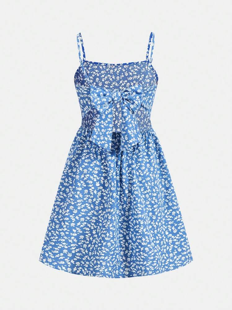 SHEIN Girlism Tween Girl Vacation Ditsy Floral Backless Big Bow Hollow Out Mini Dress