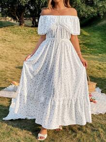 Flirla Plus Size Women Elegant Off Shoulder Ruffled Waist A-Line Midi Lace Dress, Spring/Summer - Multicolor - View 5