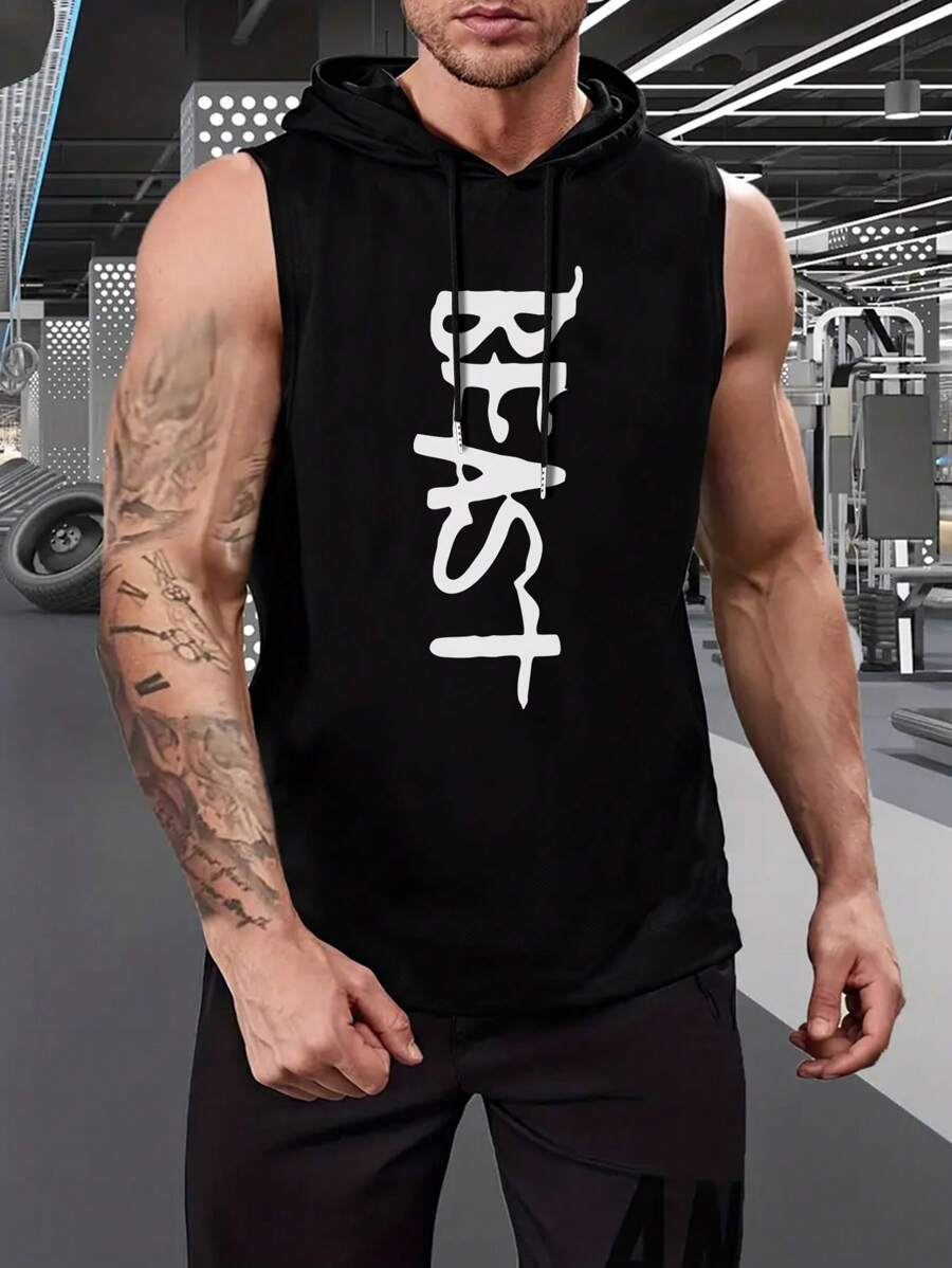 Manfinity Dauomo Men's Letter Print Drawstring Hooded Vest