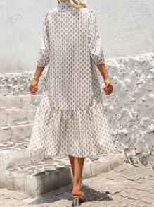 SHEIN LUNE Printed Lantern Sleeve Dress Maxi Women Outfit - Multicolor - View 2