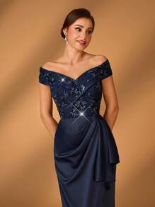 Serin Navy Blue Winter Elegant Formal Evening Wedding Dress,Luxurious Off Shoulder Sequin Floral Lace Satin Ruched Ruffled Mermaid Bride Mother Gown - Navy Blue - View 2