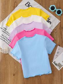 SHEIN Leap Crew 5pcs Young Girl Knit Solid Color Ruffle Collar Fitted T-Shirt Set - Multicolor - View 2