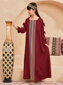 SHEIN Tween Girls' Patchwork Retro Print Loose Casual Square Neck Long Sleeve Dress