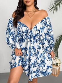 Flirla Plus Size V-Neck Floral Print Dress, Vacation Style - Blue - View 1