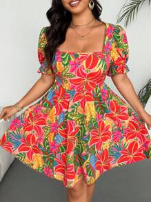 Flirla 大码女式方领泡泡袖花卉印花海滩/度假/派对可爱中长连衣裙 - 彩色 - 查看 4