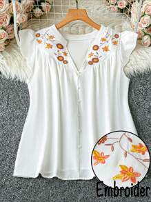 SHEIN LUNE Plus Size V-Neck Ruffle Trim Embroidered Casual Blouse, Suitable For Everyday Wear - White - View 1
