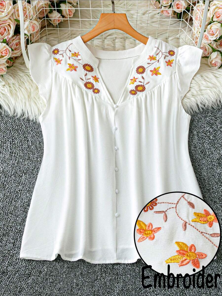 SHEIN LUNE Plus Size V-Neck Ruffle Trim Embroidered Casual Blouse, Suitable For Everyday Wear - White - View 1