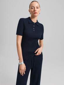 Ontre 2pcs Solid Color Polo Collar Knit Top And Drawstring Long Pants, Sweater Set, Retro Vintage Style, Minimalist Urban Commuter Wear, Short Sleeve Knit Top, Casual Chic
