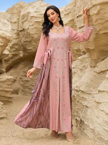 Al Najma 女士方领优雅蝴蝶拼布浪漫风格朴素卡夫坦，阿拉伯传统长裙 - 粉色 - 查看 6