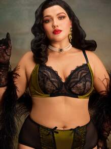 PinupGlam Vintage Palast-Satin-Spitzen-Große Größen-BH & Drahtloser BH
