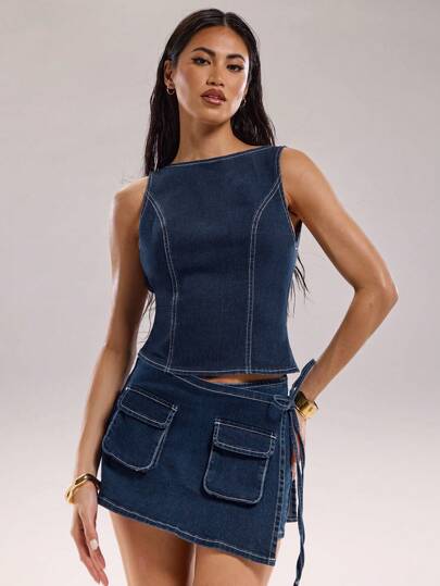 SHEIN BAE Blusa vaquera de mujer de cuello redondo sin mangas, versátil para uso diario