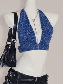 SHEIN ICON Y2K 夏季外出复古女式性感低胸短款牛仔背心 V 领蓝色挂脖 V 领性感度假西装女式短款牛仔背心时尚性感 - 中等水洗藍 - 查看 1