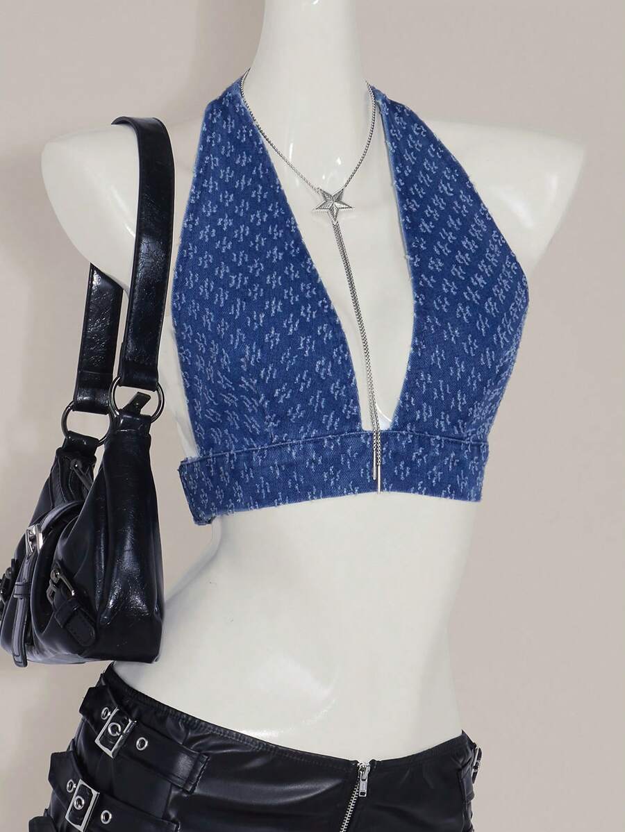 SHEIN ICON Y2K 夏季外出复古女式性感低胸短款牛仔背心 V 领蓝色挂脖 V 领性感度假西装女式短款牛仔背心时尚性感 - 中等水洗藍 - 查看 1