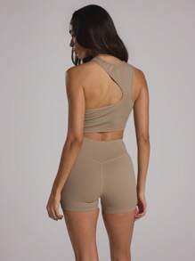 Cut Out Asymmetrical Neck Fitted Crop Top Musera Sport Active ,Padel, Tennis, Pickleball Gym Fitness - Brown - View 4