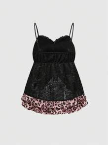 ROMWE J-Fashion Y2K 复古辣妹涩谷辣妹 Himekaji 风格蕾丝豹纹拼布 A 字型女式背心 - 黑色 - 查看 2