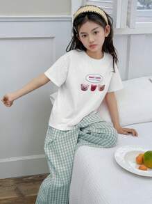 DAZY 2 件套 Tween Girl 圆领针织短袖熊印花 T 恤 + 编织格子裤，春夏套装 - 薄荷綠 - 查看 2