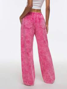 Easelle 2025新款女式松紧腰口袋宽松阔腿热粉色休闲百搭牛仔裤，适合夏季音乐节 - 玫紅色 - 查看 2