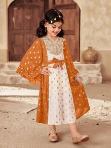 SHEIN Young Girl Woven Color Block V-Neck Snug Fit Dress