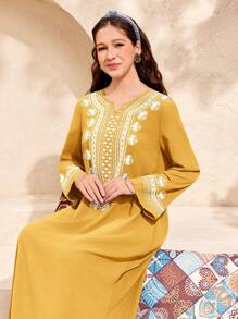 SHEIN Leap Crew Teen Girls Yellow Retro Pattern Robe, Vacation & Outing Wear, Spring/Summer - Yellow - View 5